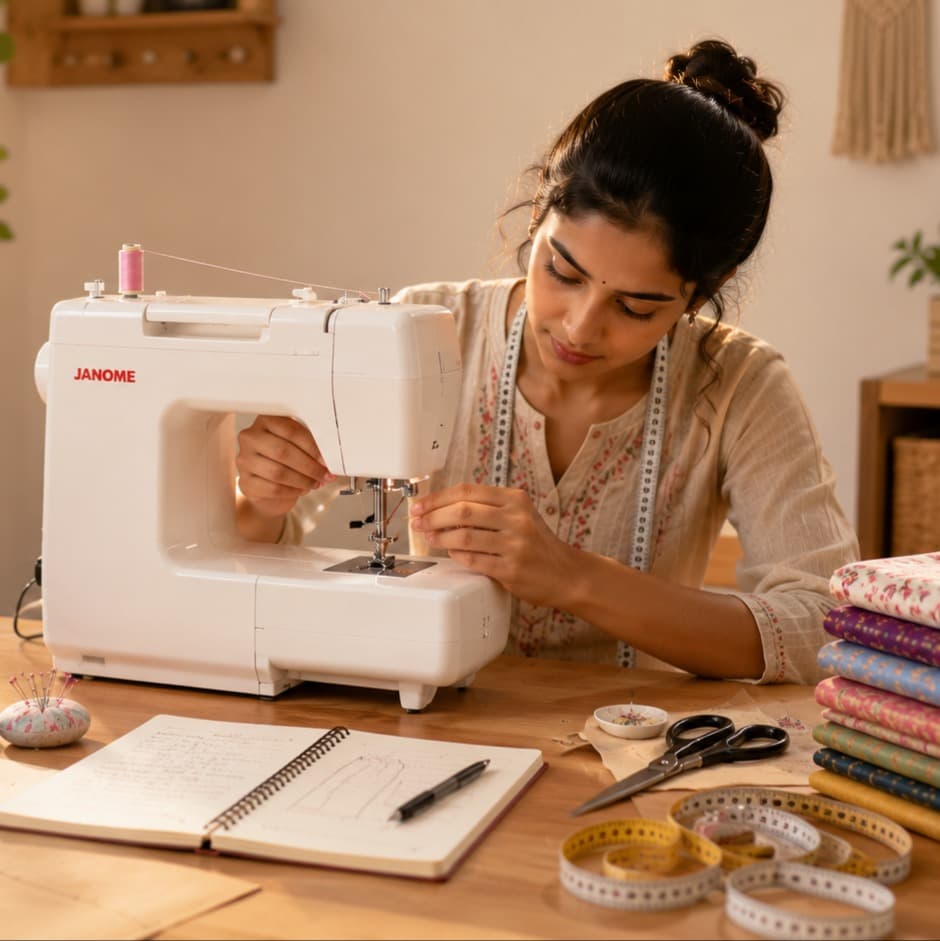 Learn sewing from scratch in India — a first-time student threading her machine for the very first time