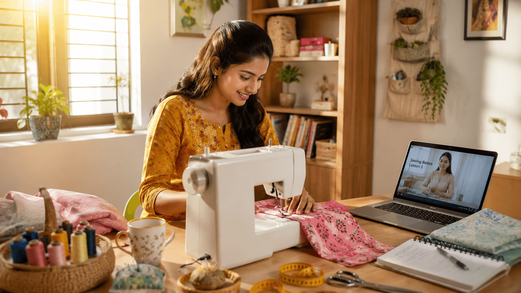 A woman learning to sew at home on a simple sewing machine — ONSA sewing blog
