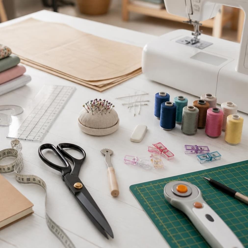 Collection of colorful sewing tools including scissors, threads, measuring tape, and buttons — ONSA sewing blog
