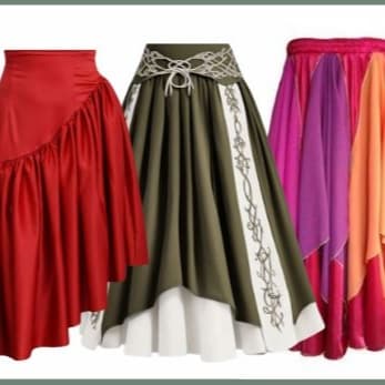 Display of three different skirt styles — red wrap skirt, olive pleated skirt, and colorful gradient maxi skirt — ONSA sewing blog