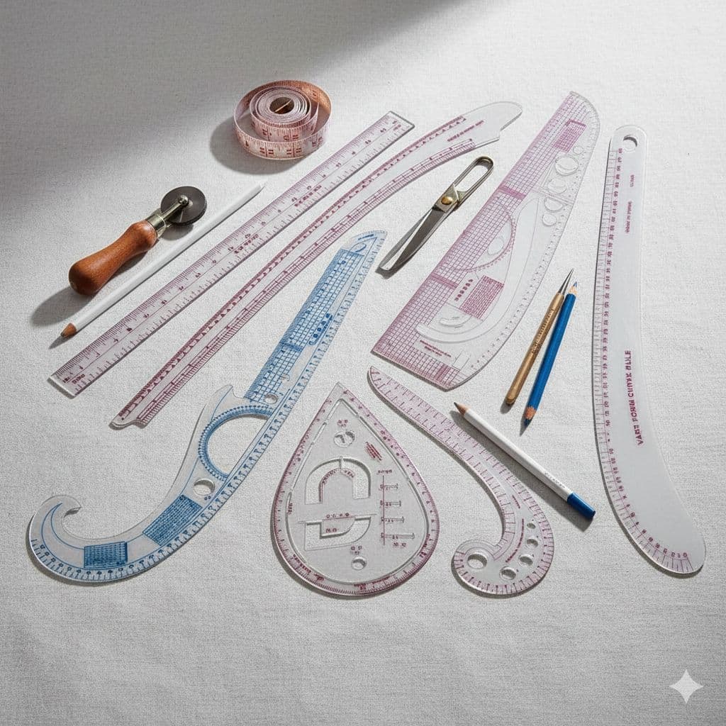 Complete pattern drafting toolkit laid out — rulers, curves, pattern paper, and scale tools — ONSA sewing blog