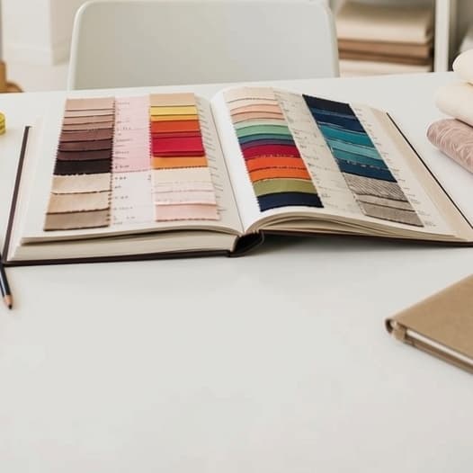 Professional fabric swatch book with organized color-coded samples — ONSA sewing blog