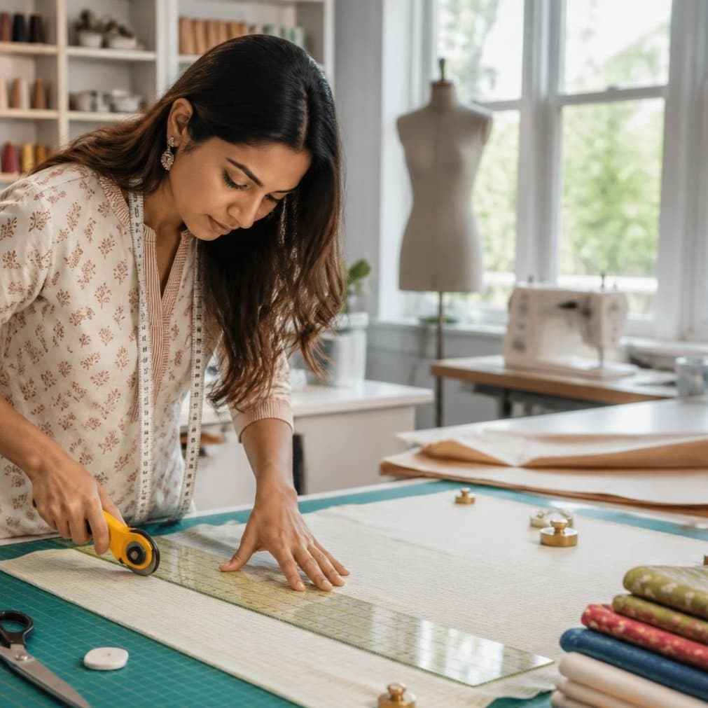 Home boutique setup for tailoring business from home — sewing machine, finished kurtis, order book — ONSA sewing blog