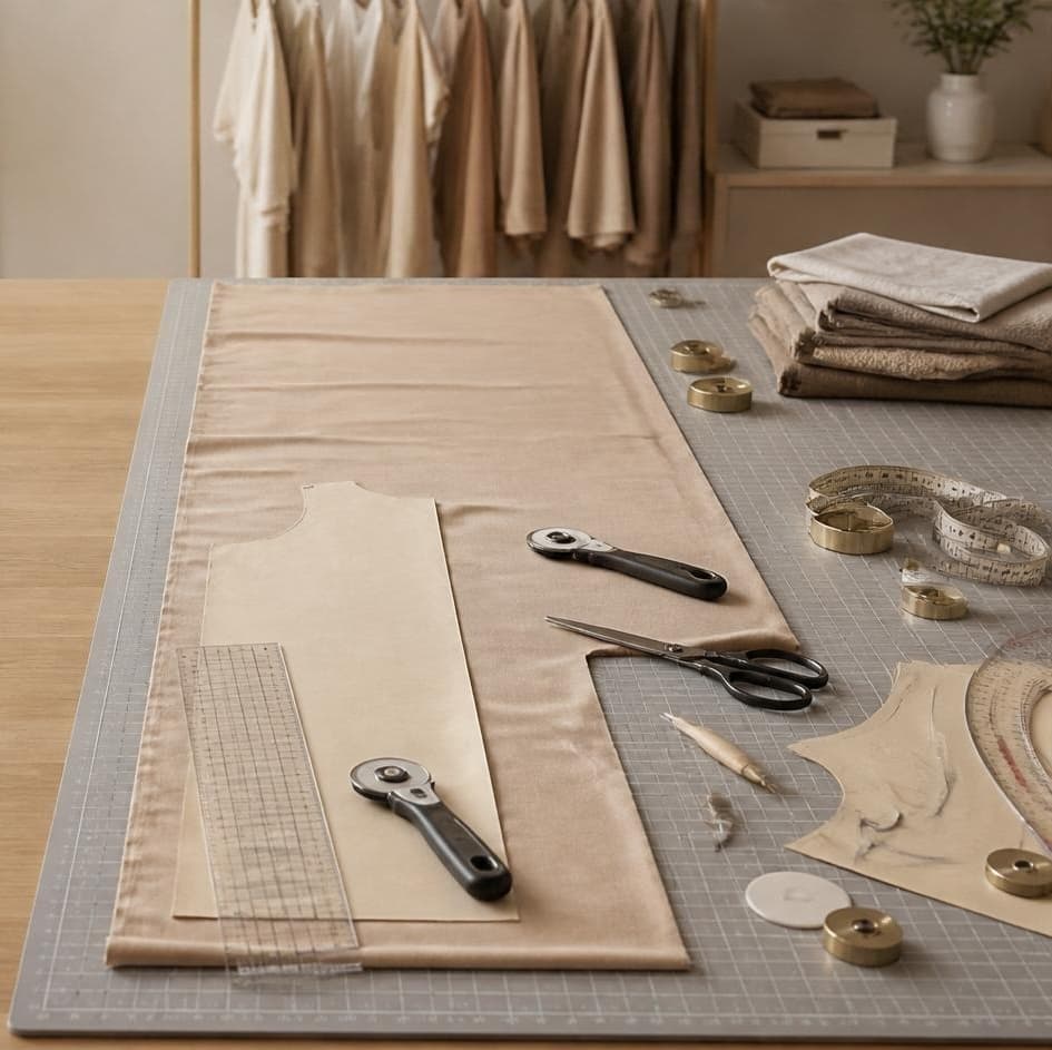 Professional cutting setup with rotary cutter, ruler, and self-healing mat, cutting straight fabric strips — ONSA sewing blog