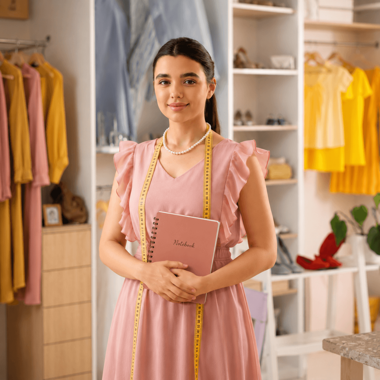 A student carefully finishing a garment at her home workspace